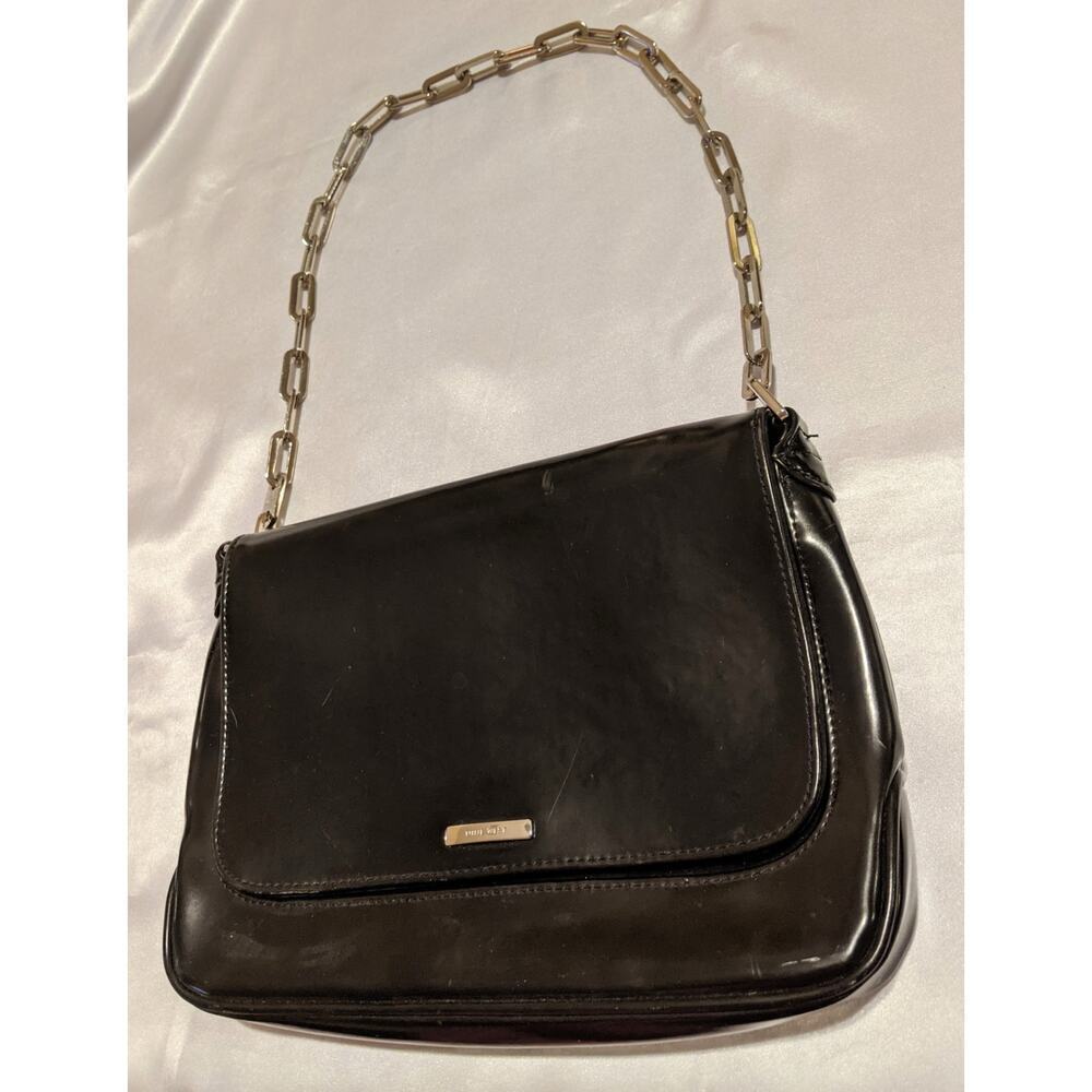 Nine West Black Vegan Patent Leather Convertible Shoulder Bag Clutch Chain Strap